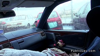 Hairy pussy Russian babe fucks in the car in public