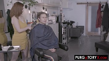 Two busty hairdressers take turns fucking a client